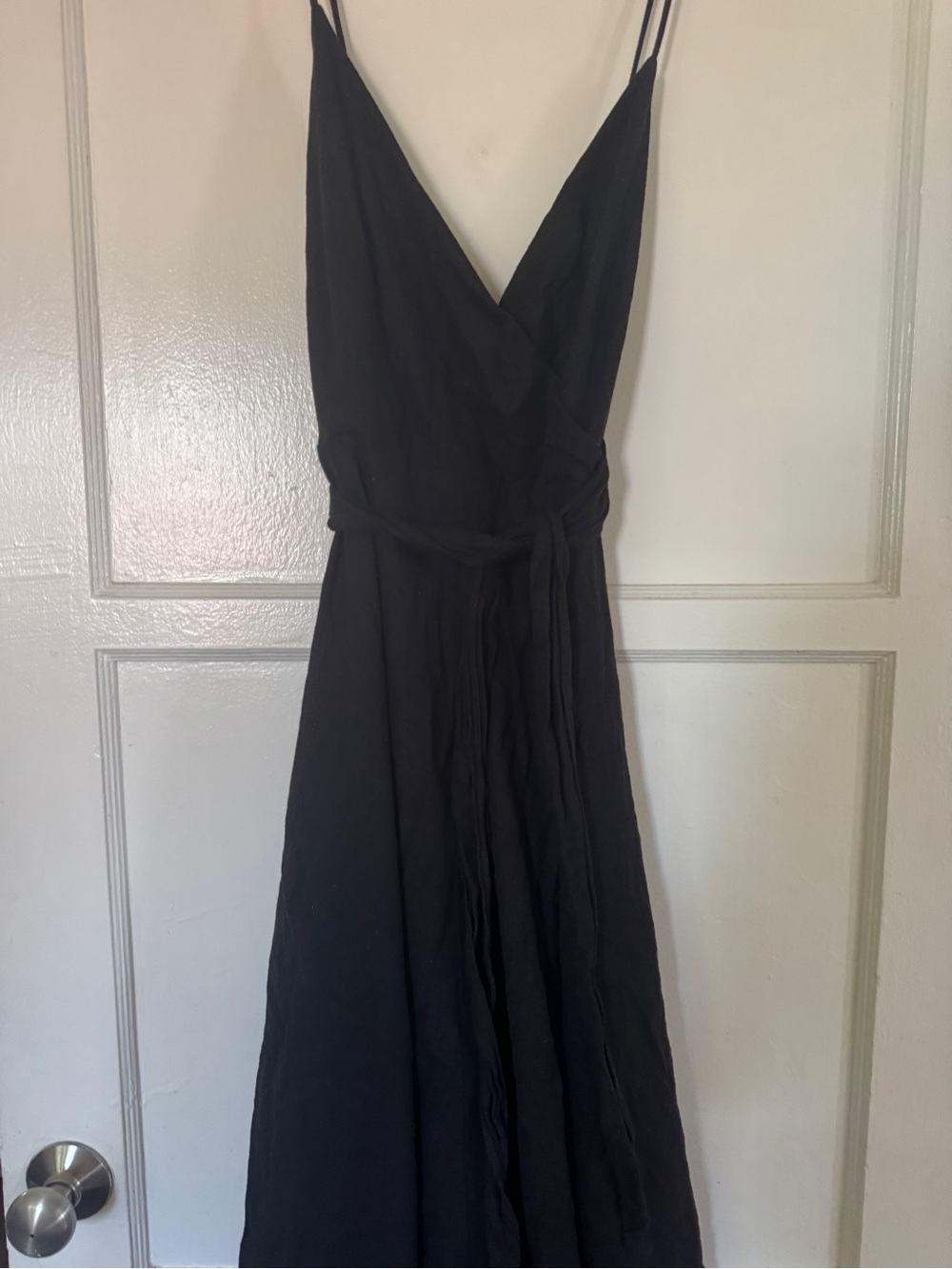 Zara Linen Blend Black Spaghetti-Strap Wrap Maxi Dress